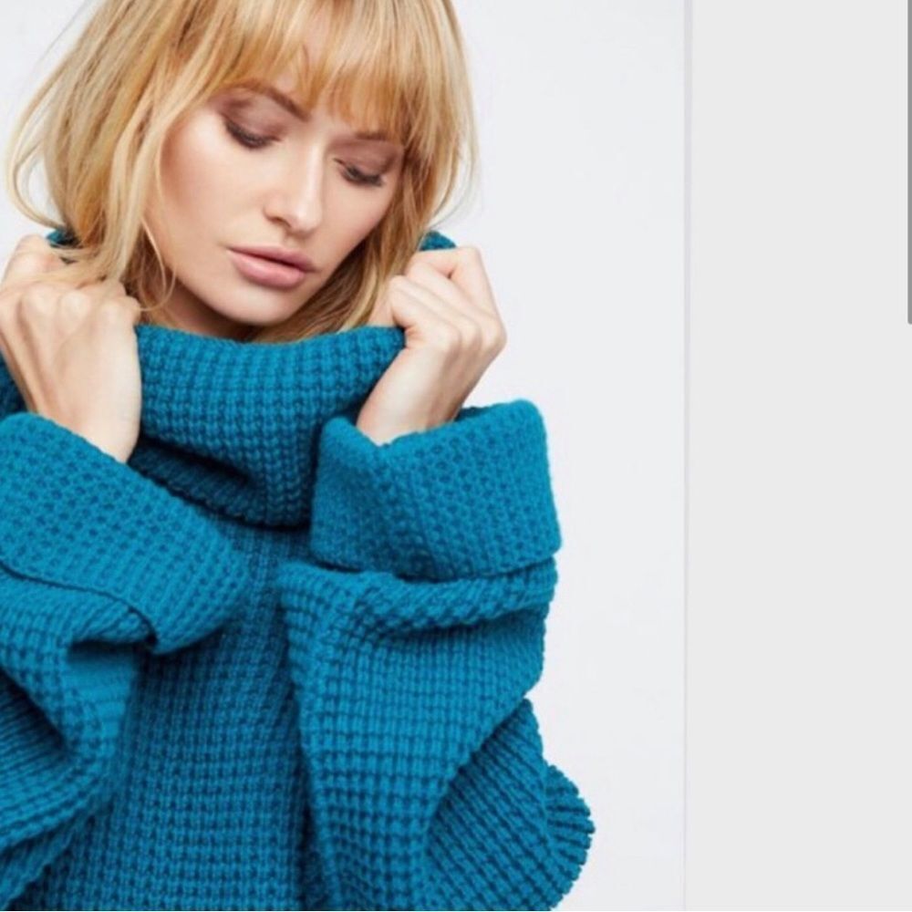 FREE PEOPLE | Park City Chunky Knit Teal Cowl Neck Sweater Women’s Size Medium - Picture 3 of 12